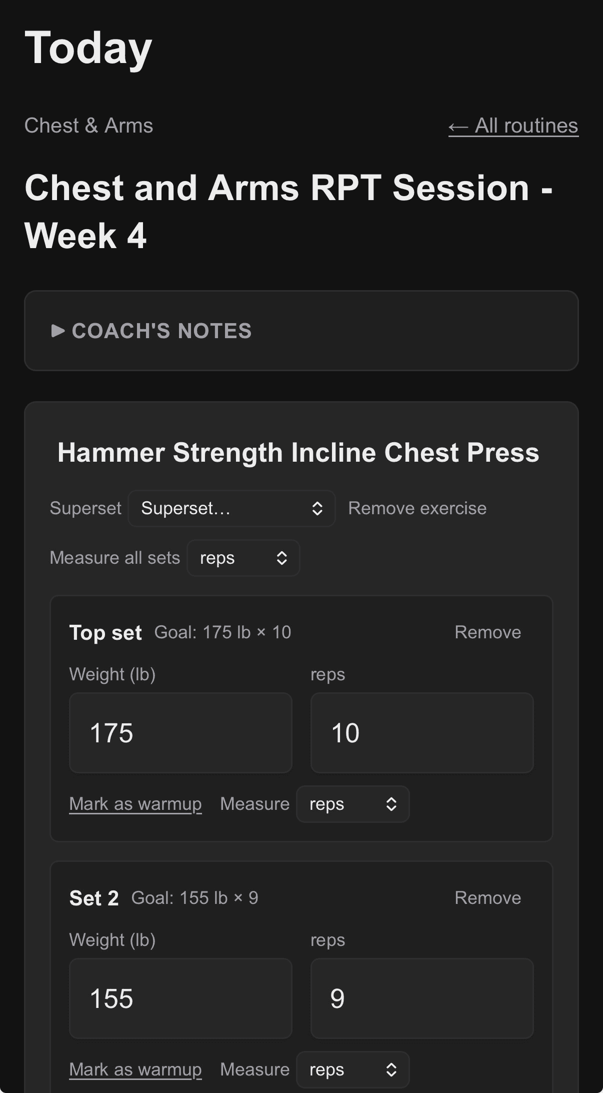 Logging a set during a workout, entering the weight and reps actually completed.